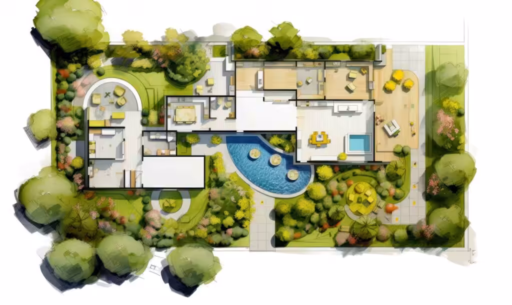 Stylized architectural Sketch Showing Trees Around Buildings